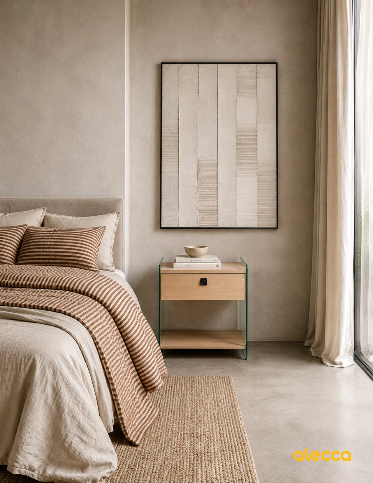 A Levita oak and glass bedside table beside a bed in a warm bedroom