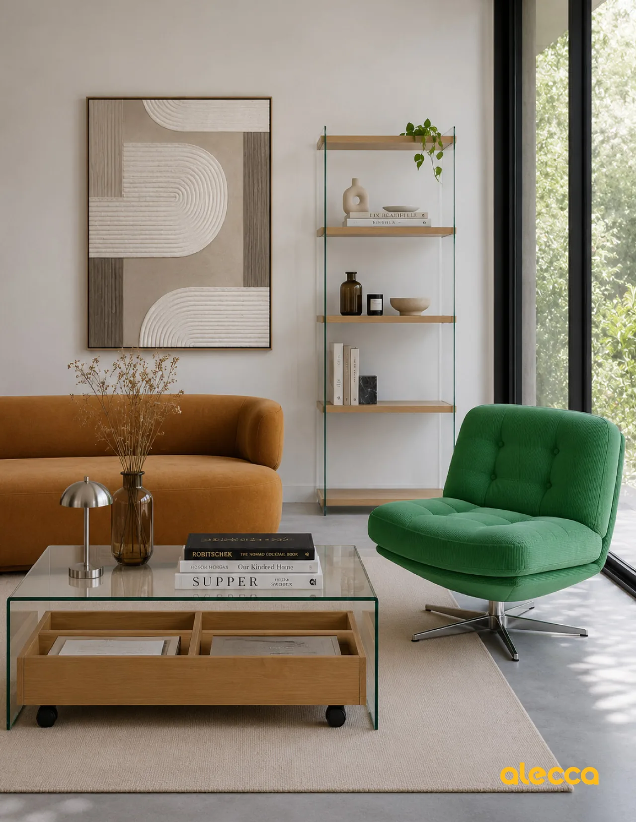 A Levita display shelf and glass coffee table in a bright living room with a green armchair
