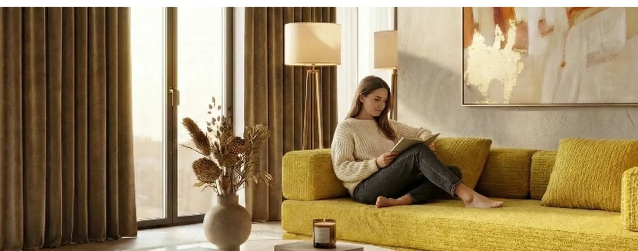 A woman reading on a mustard yellow alecca sofa in a sunlit living room