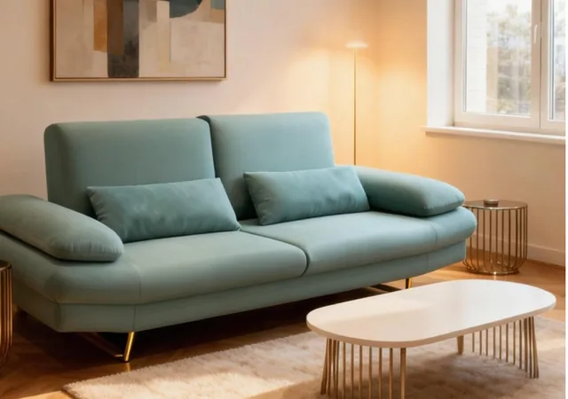 Elvara sofa in muted mint fabric with slim gold legs