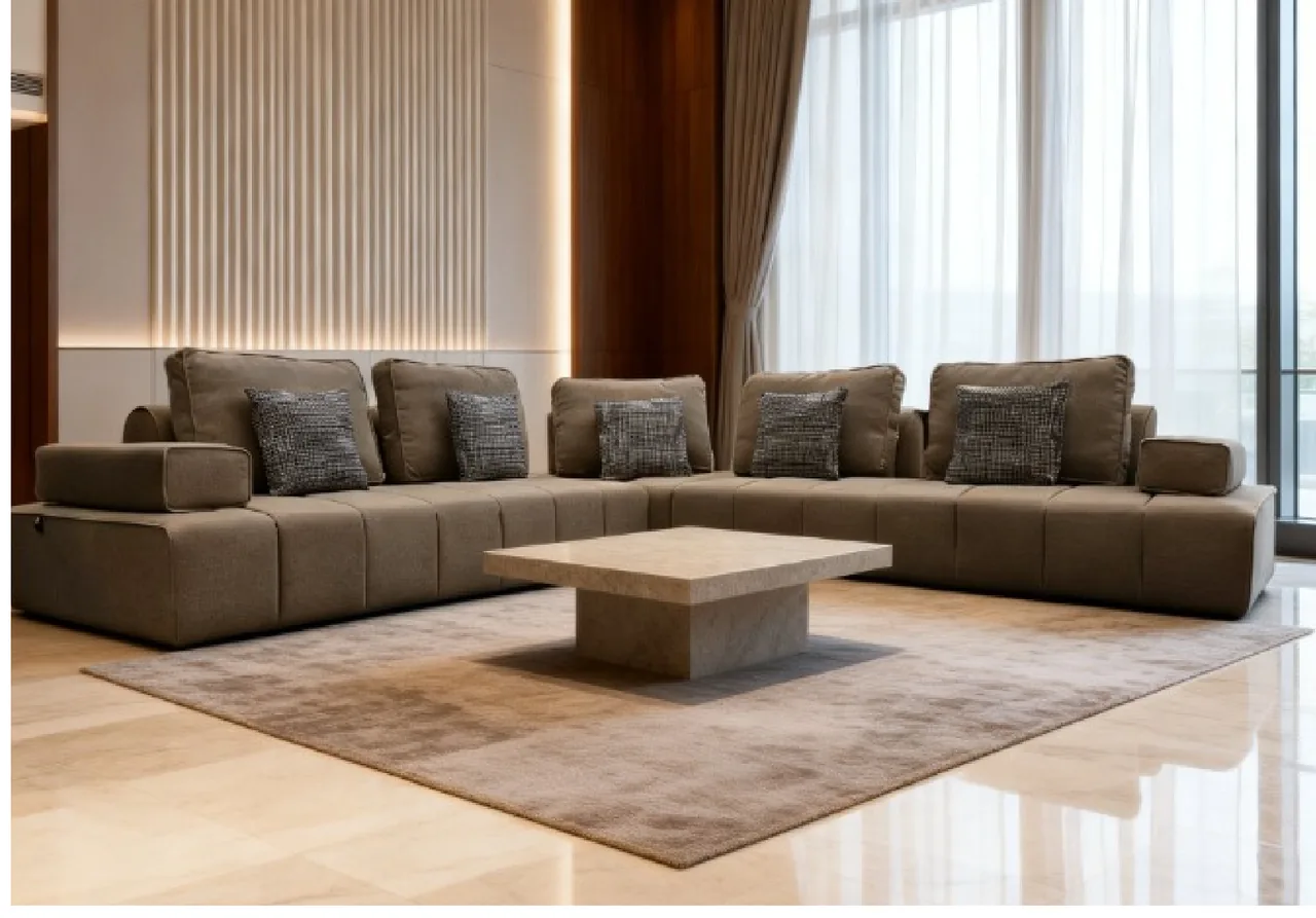 Luxora modular sofa arranged in a large, light-filled living room